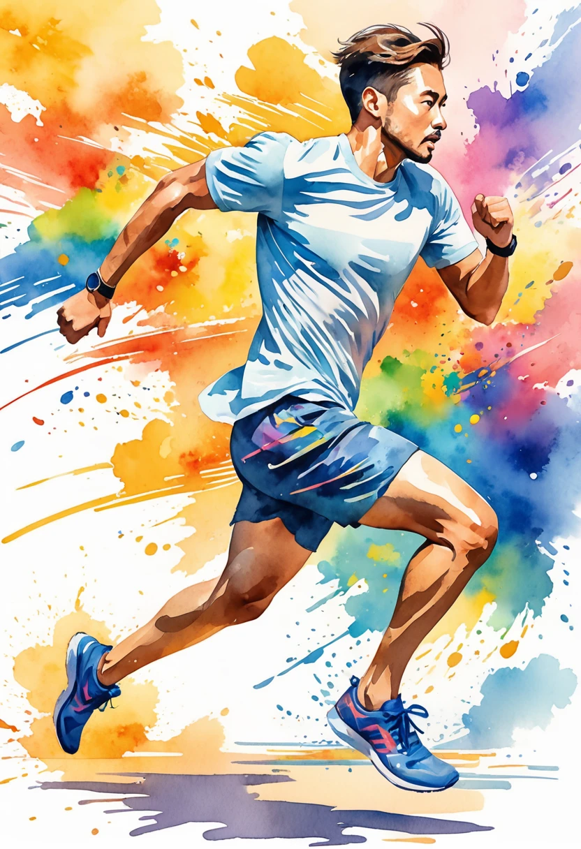 there is a man running with a colorful background, artistic illustration, sprinting, dynamic active running pose, artistic rendering, artistic depiction, painterly illustration, a beautiful artwork illustration, 5 k, 5k, art illustration, running pose, colorful illustration, watercolor illustration, watercolor digital painting, watercolor illustration style, running, artistic interpretation, digital watercolor