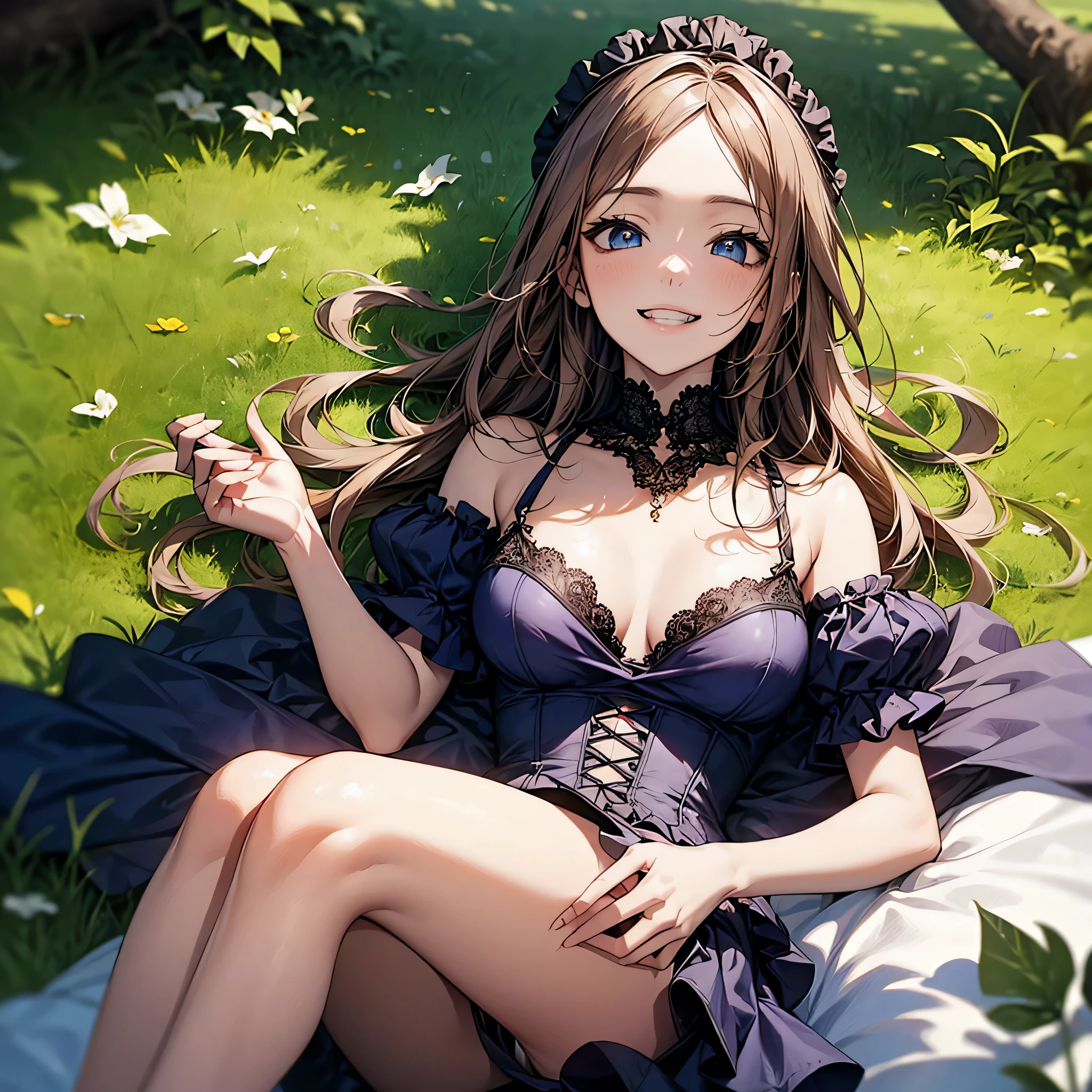 (Biologically correct limb count)、Full body, including face、4K、masterpiece、Focus on the face、Well-proportioned facial features、Delicate descriptive eyes、One beautiful woman、Excellent style、(Gothic ta、Blue clothes、High heels)、(Grin)、(Close-up photo of the upper body)、look up、Photos with white borders、Looking into the camera、Lying on the lawn in the park、