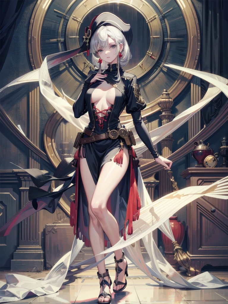 absurdres, RAW photo, extremely delicate and beautiful, masterpiece, Best Quality, ultra high resolution, 32k, hyperrealistic, ultra-detailed, perfect anatomy, anatomically correct, perfect figure, Perfect Style, Perfect balance, super Detailed skin, in her 30s, very Slim body, narrow waist, very small head, very small face, delicate facial features, handsome detailed woman, very detailed eyes and face, realistic face proportions, Realistic beautiful face, Realistic beautiful eyes, tearful mole, earring, big tits, full body shot, bare legs, medium hair, indoor, Legendary Pirate costume, Practical pirate clothing, Long-sleeved pirate top, Skirt, shirt, Torn pirate hat, 