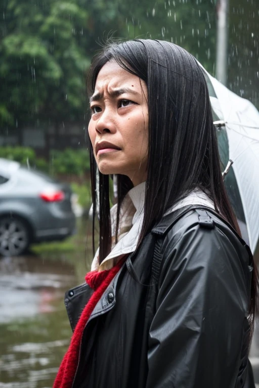 Indonesian woman with a disgusted expression face, crying(shedding tears, tears coming out)in the rain.