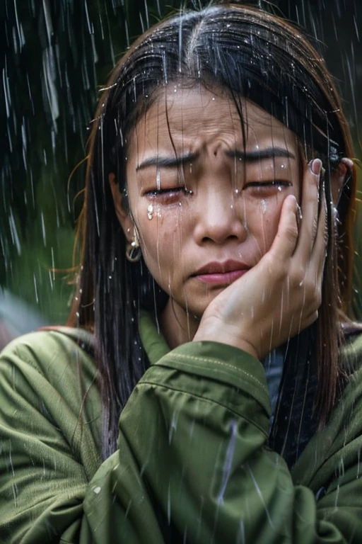 Indonesian woman with a disgusted expression face, crying(shedding tears, tears coming out)in the rain.