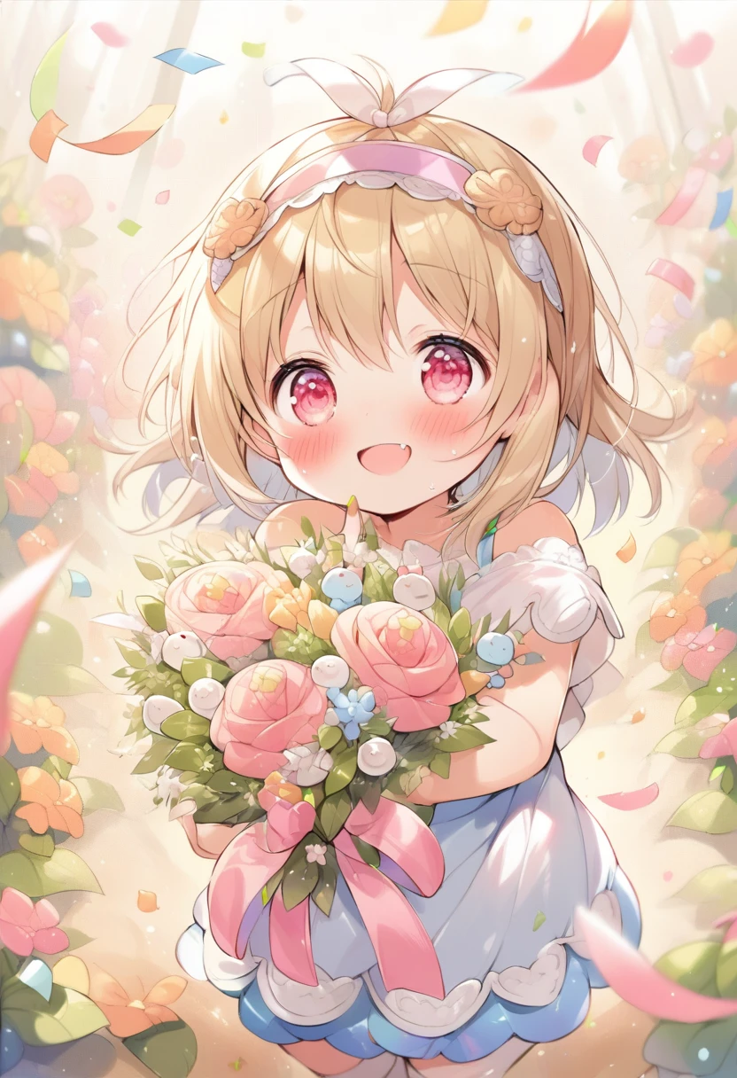 (best quality, masterpiece:1.2),(ultra high quality:1.2),smooth soft skin, natural skin, (super fine illustration:1.2), watercolor, breathtalking Scenery, breathtalking Beauty, breathtalking Cute, 
BREAK
(little female child:1.8), (loli:1.8), 4 years old, (loli toddler:1.3), (preschooler:1.1),(infant:1.1),flat chest,baby face,oily skin, ultra cute face, happy smile, beautiful eyes, detailed eyes
BREAK
(short blond:1.2) messy hair,(fang:1.1), (pink eyes:1.2), puffy eyes, antenna hair,double tooth, blond hair,
BREAK
exposed navel,(excessive detailed navel:1.2),cropped pink camisole,denim hot pants,high waist,exposed shoulders,
BREAK
(holding flower bouquet:1.5), (Finger behind the bouquet:1.2), (Hands behind the bouquet:1.5), Ultra detailed flowers, (flowers background:1.1), (Flower bouquet:1.1), Falling petals, celebration, Solo, Congratulations, (blush:1.2), Confetti, (dust particles:1.2), Starshine, bloom effect, head band,Leaf carpet, Create a mesmerizing display of power and beauty,sunshine,