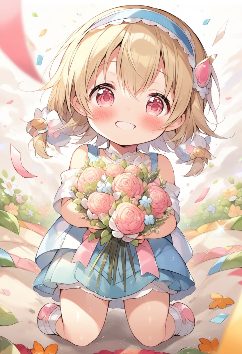 (best quality, masterpiece:1.2),(ultra high quality:1.2),smooth soft skin, natural skin, (super fine illustration:1.2), watercolor, breathtalking Scenery, breathtalking Beauty, breathtalking Cute,
BREAK
(little female child:1.8), (loli:1.8), 4 years old, (loli toddler:1.3), (preschooler:1.1),(infant:1.1),flat chest,baby face,oily skin, ultra cute face, happy smile, beautiful eyes, detailed eyes
BREAK
(short blond:1.2) messy hair,(fang:1.1), (pink eyes:1.2), puffy eyes, antenna hair,double tooth, blond hair,
BREAK
exposed navel,(excessive detailed navel:1.2),cropped pink camisole,denim hot pants,high waist,exposed shoulders,
BREAK
(holding flower bouquet:1.5), (Finger behind the bouquet:1.2), (Hands behind the bouquet:1.5), Ultra detailed flowers, (flowers background:1.1), (Flower bouquet:1.1), Falling petals, celebration, Solo, Congratulations, (blush:1.2), Confetti, (dust particles:1.2), Starshine, bloom effect, head band,Leaf carpet, Create a mesmerizing display of power and beauty,sunshine,