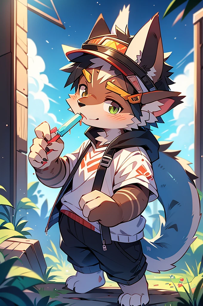 author：Junior Lesque, author：Kirito, Mammals, Furry, male, alone, wear, visor, Licking a popsicle, 