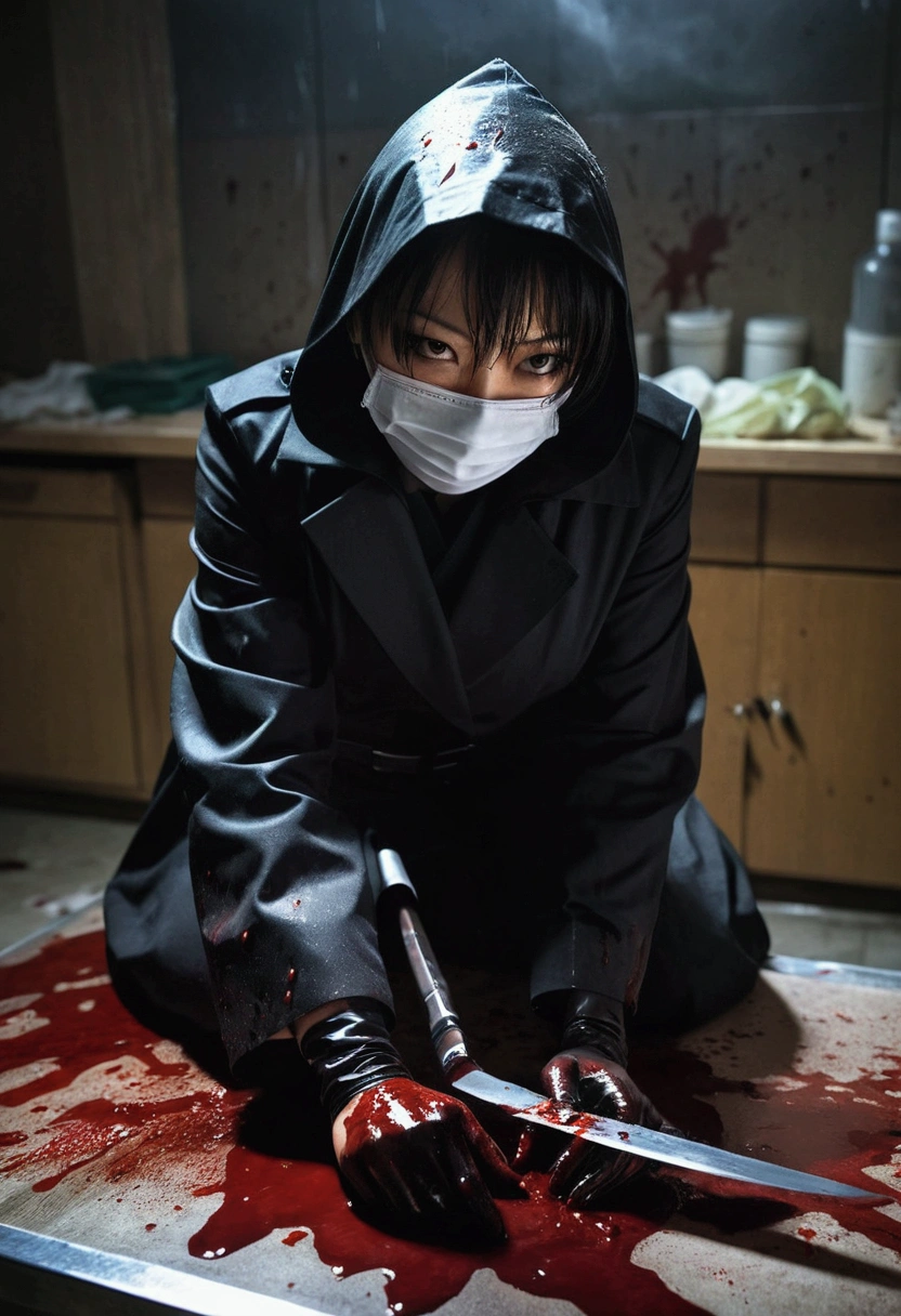 japanese girl, (behind corpse, surgical mask), holding knife, stabbing, black gloves, room full of blood, black trench coat, hood up, holding knife, black gloves, behind corpse, blood splatter, short hair, black wet suit, night, mass murderer, robbery, dark atmosphere, cinematic lighting, atmospheric realistic,
