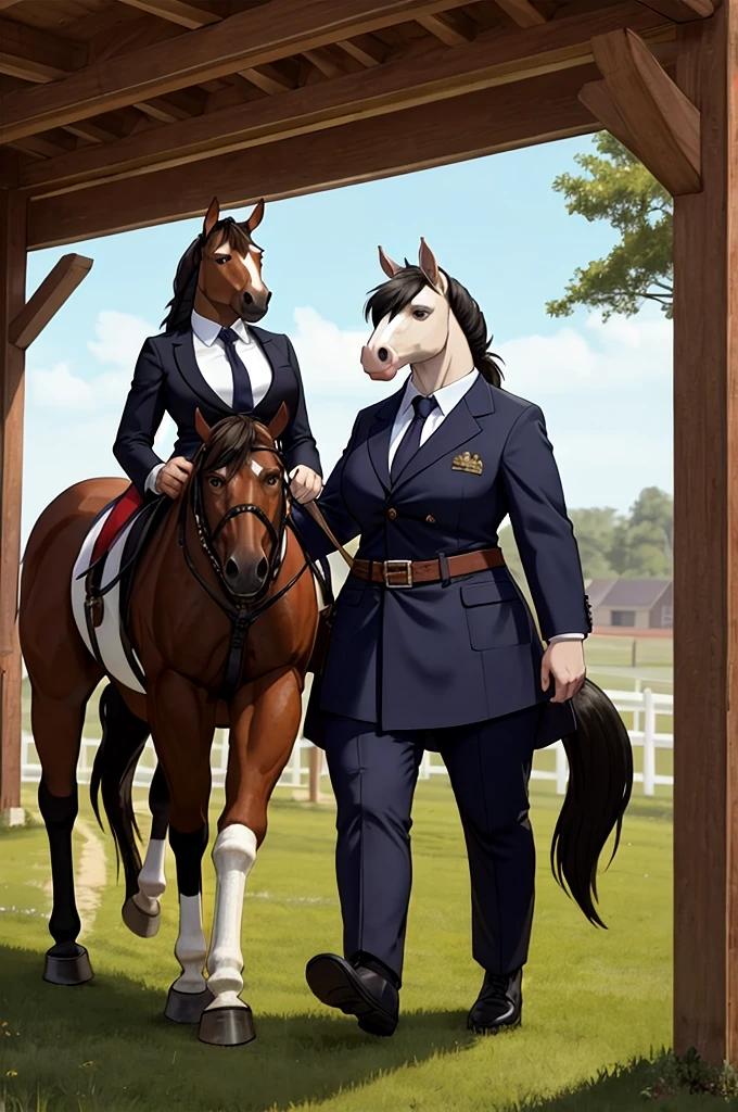 Big-breasted woman with a horse&#39;s head、((leather armor))、Steel Legginguscular Woman、Carrying a sword、アニメ風