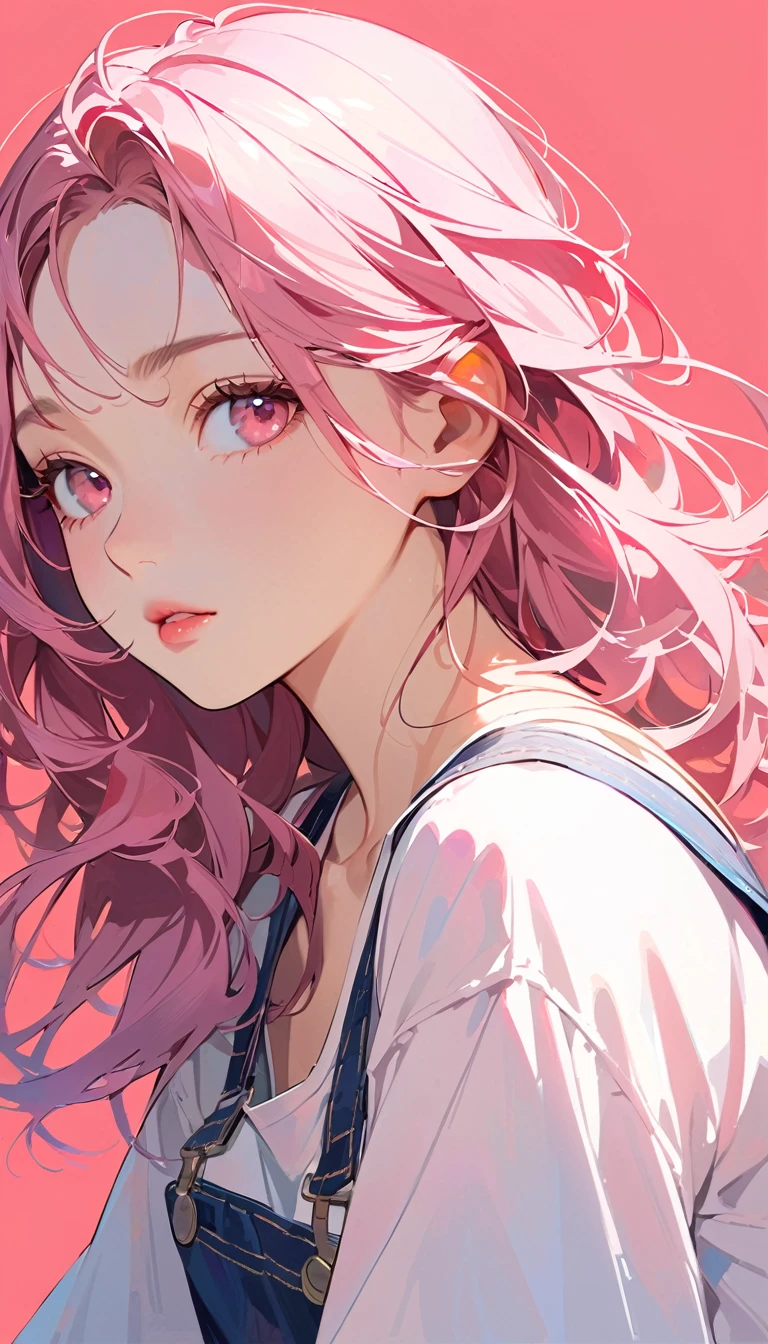(masterpiece),(Highest quality:1.1),(Very detailed),Best illustrations,In detail,(Portraiture:1.1),(Intense close-up),Watercolor)floating,One girl,alone,13 years old,slim,(Very delicate and beautiful face),(Beautiful eyes in every detail),Pink thick lips,(Disheveled Hair),(Wearing a loose pink T-shirt),Soft and lazy,(Simple Background:1.2)Overall colored background,clear,4K