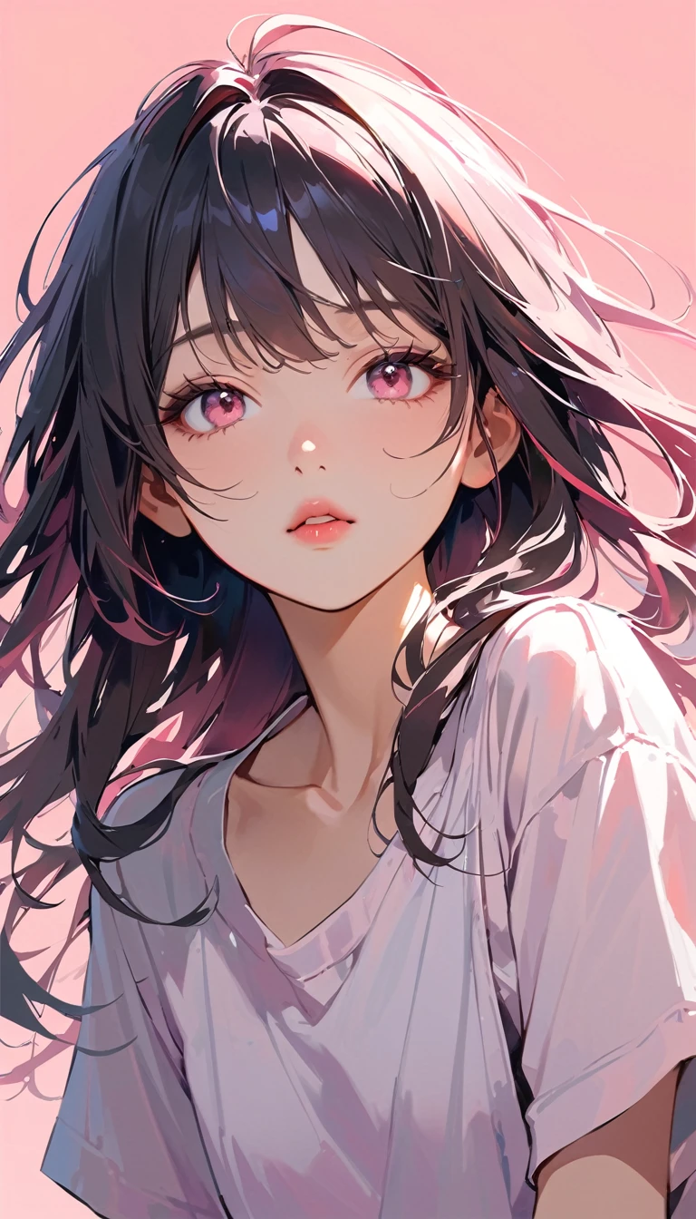 (masterpiece),(Highest quality:1.1),(Very detailed),Best illustrations,In detail,(Portraiture:1.1),(Intense close-up),Watercolor)floating,One girl,alone,13 years old,slim,(Very delicate and beautiful face),(Beautiful eyes in every detail),Pink thick lips,(Disheveled Hair),(Wearing a loose pink T-shirt),Soft and lazy,(Simple Background:1.2)Overall colored background,clear,4K