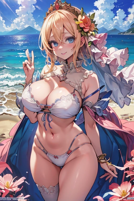 Selfie, Conceited expression,Mischievous Smile,
Europa,Beautiful Eyes,Symmetrical eyes,Blonde,Blue Eyes,Beauty,Tiara with flowers and veil,(Huge hips:1.1),
(Huge breasts, Glamour:1.1),Tight waist,Long legs,curve,
((Highest quality)), ((masterpiece)),(detailed),High resolution,Sharp focus,Perfect Face,{best illustration},((complete anatomy)),
(非常にdetailed CG unity 8k wallpaper),(((Vibrant colors))),Official Art,granblue fantasy,
((detailedなボディ)),(detailedな顔)), cute,erotic,Bold,
very shiny 肌,Shiny body,plastic glitter 肌,exaggerated shiny 肌,illuminated 肌,
(Realistic eyes,Perfect Fingers, Natural skin texture, Realistic facial details),Camel Toe,(erection of nipple), Cleavage,Revealing clothing,White bikini swimsuit with long blue ribbon,Wearing a pink shawl,Gold Jewelry,
Cumulonimbus,Surrounded by water, reflection,Breathtakingly beautiful clouds,Light,Dazzling Light,Cinematic Light.The wind is blowing,Vast ocean,
A long white pier stretching out into the sea,Coral Reef,海The wind is blowing,
