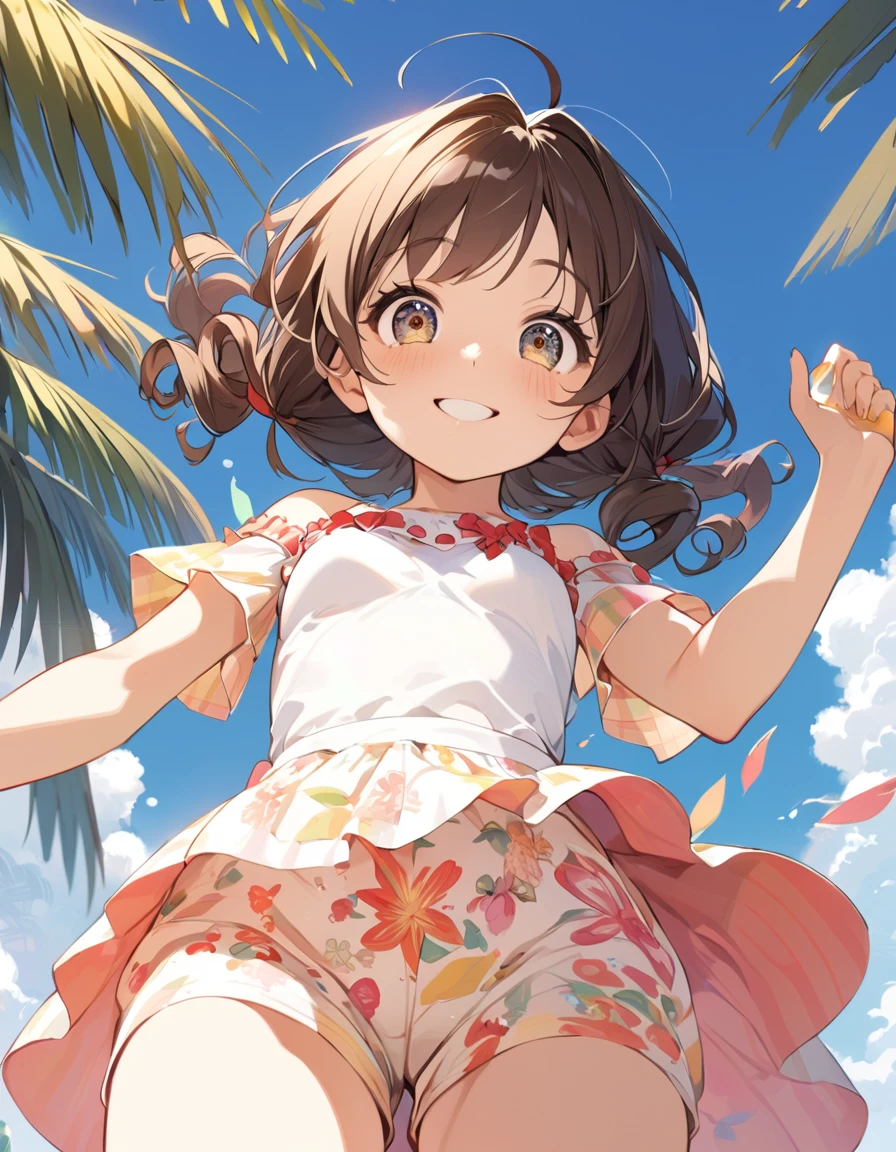 (Top quality illustrations:1.2), (pretty girl:1.1), (1 girl、、Top quality illustrations:1.2), (1 girl、smile、Small breasts、Highly detailed eyes:1.2)、Dark brown hair、short hair、Wavy Hair、Curly Hair、Low twin tails、Short pigtails、Summer fashion、from below