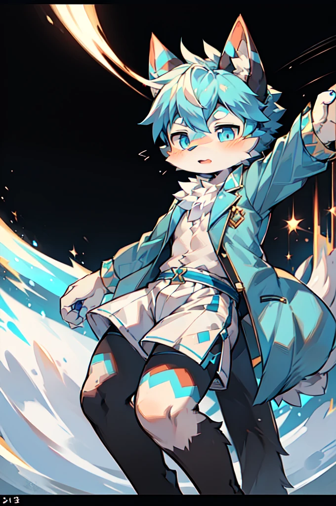 Blue hair,White hair,Blue dragon tail,The end of the tail has white fuzz,hairy,God of Art Super Top Quality, Super detailed, High resolution, Anime cute art style, The best anime, 8k, Kona sauce wallpaper, Pixiv Contest Winners, Perfect anatomical structure, , (Energetic teenager, 13 years old:1.3), High resolution详细的头发,Iris and pupil are well proportioned,Blue pupils,Blue ears,Single,Light blue coat,White shorts