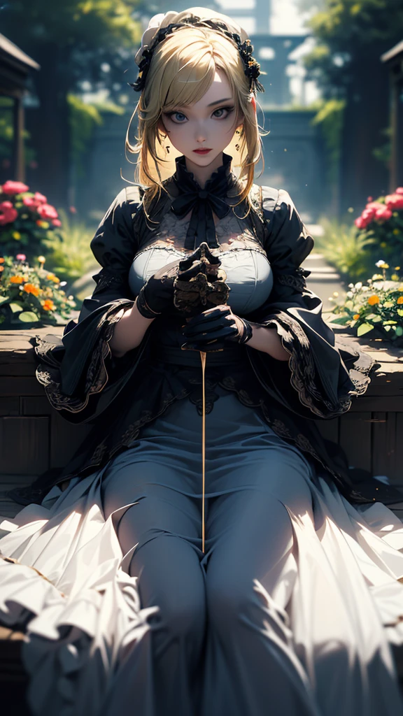 masterpiece, high quality, 4K, Beautiful design, silhouette，blonde， Very detailed，in the garden， wonderful, Finer details,  Very knowledgeable woman, Very detailedソロ, 1 female,Big Breasts，Watering the flower，Gothic Lolita Fashion，