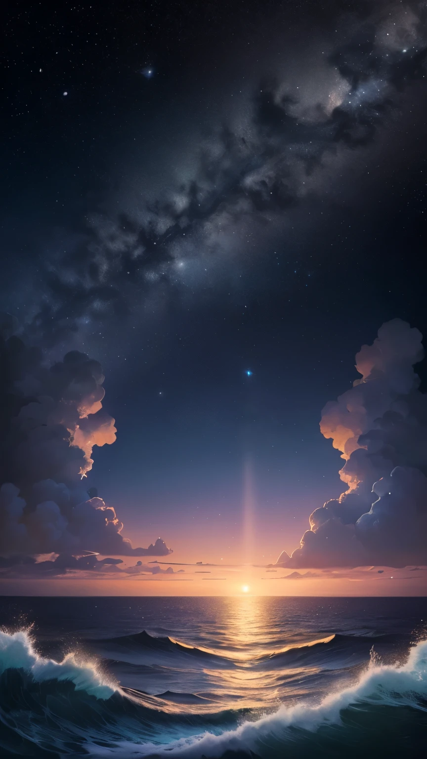 ((best quality)), ((masterpiece)), (detailed) , A digital illustration of a stars at night forming a a pearl shape in the sky, with an ocean at the bottom in shades of black and blue.