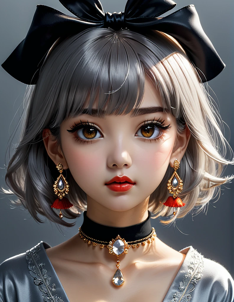 cute, ultra-detailed, illustration, intricate, detailed, extremely detailed, detailed face, soft lighting, soft light, soft focus, perfect face, beautiful, accurate anatomy, overexposure, 8k, 4k, (highres:1.1), best quality, (masterpiece:1.3), 1girl, solo, jewelry, brown eyes, looking at viewer, earrings, grey hair, bangs, choker, closed mouth, portrait, watch, hair ornament, simple background, grey background, long hair, head rest, lips, hair bow, black choker, bow, eyelashes