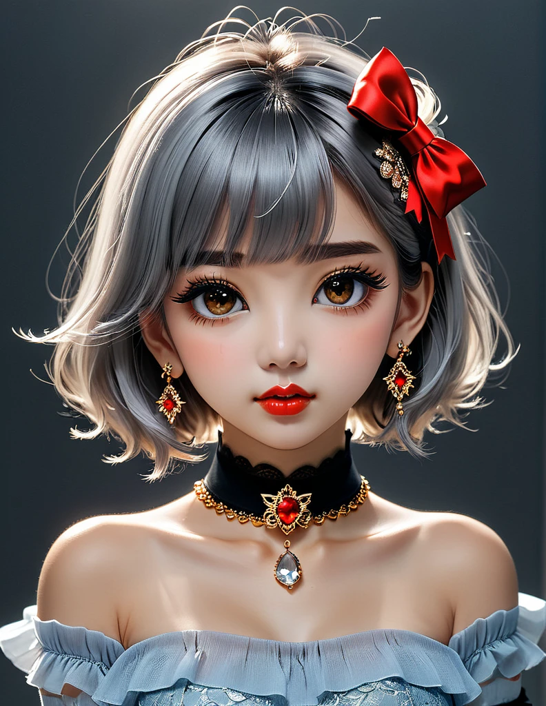 cute, ultra-detailed, illustration, intricate, detailed, extremely detailed, detailed face, soft lighting, soft light, soft focus, perfect face, beautiful, accurate anatomy, overexposure, 8k, 4k, (highres:1.1), best quality, (masterpiece:1.3), 1girl, solo, jewelry, brown eyes, looking at viewer, earrings, grey hair, bangs, choker, closed mouth, portrait, watch, hair ornament, simple background, grey background, long hair, head rest, lips, hair bow, black choker, bow, eyelashes
