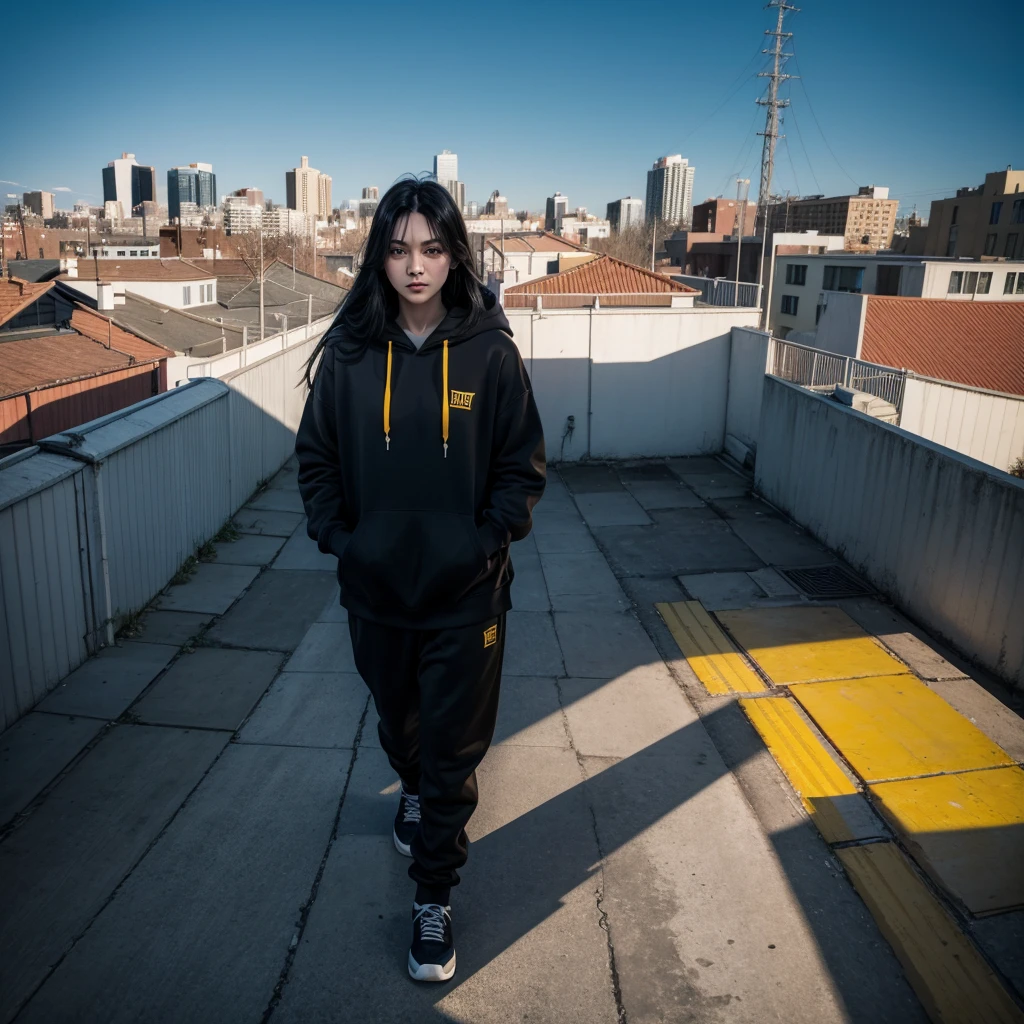 red skin, yellow eyes, long black hair, blue hoodie, walking on the roof,