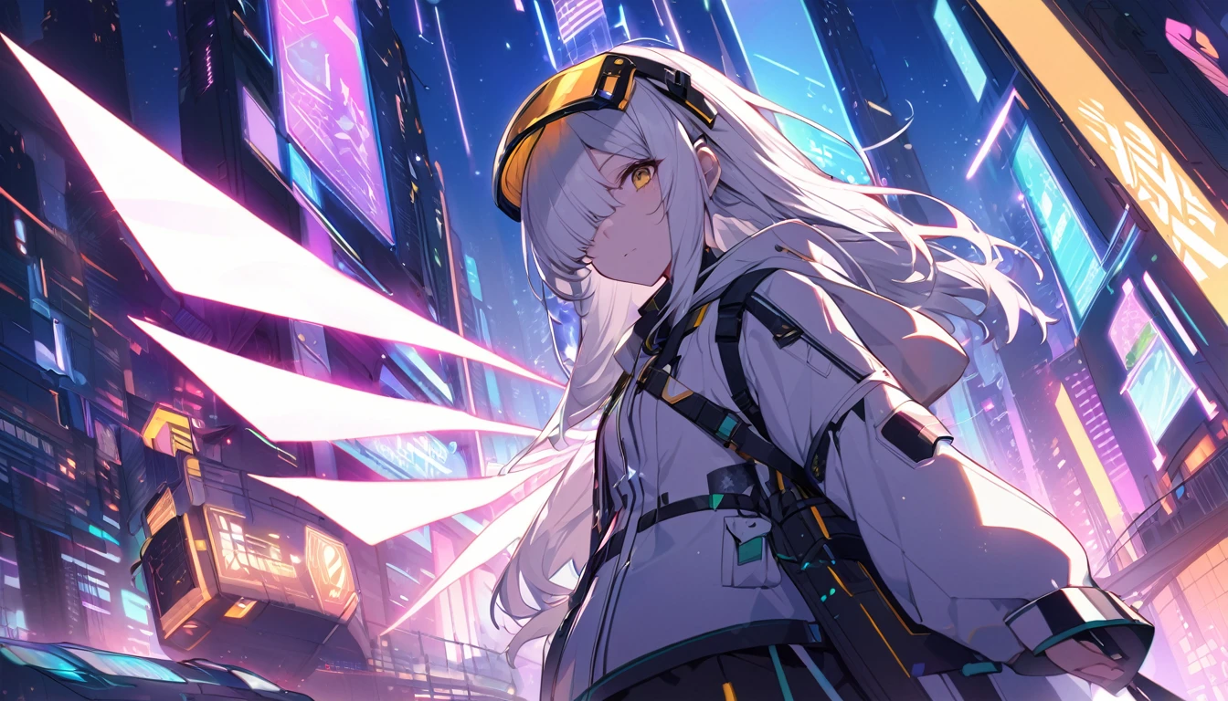 mysterious。White Hair Girl。詳細なbackground：Guardian of the Future City:

background：Futuristic City、Neon-lit skyscrapers。
White Hair Girl：Cyberpunk style outfit、High-tech visor on one eye。Energy wings spread across its back。
effect：女の子の周りに浮かぶデジタルeffect、The light of the wings spreading out behind。
