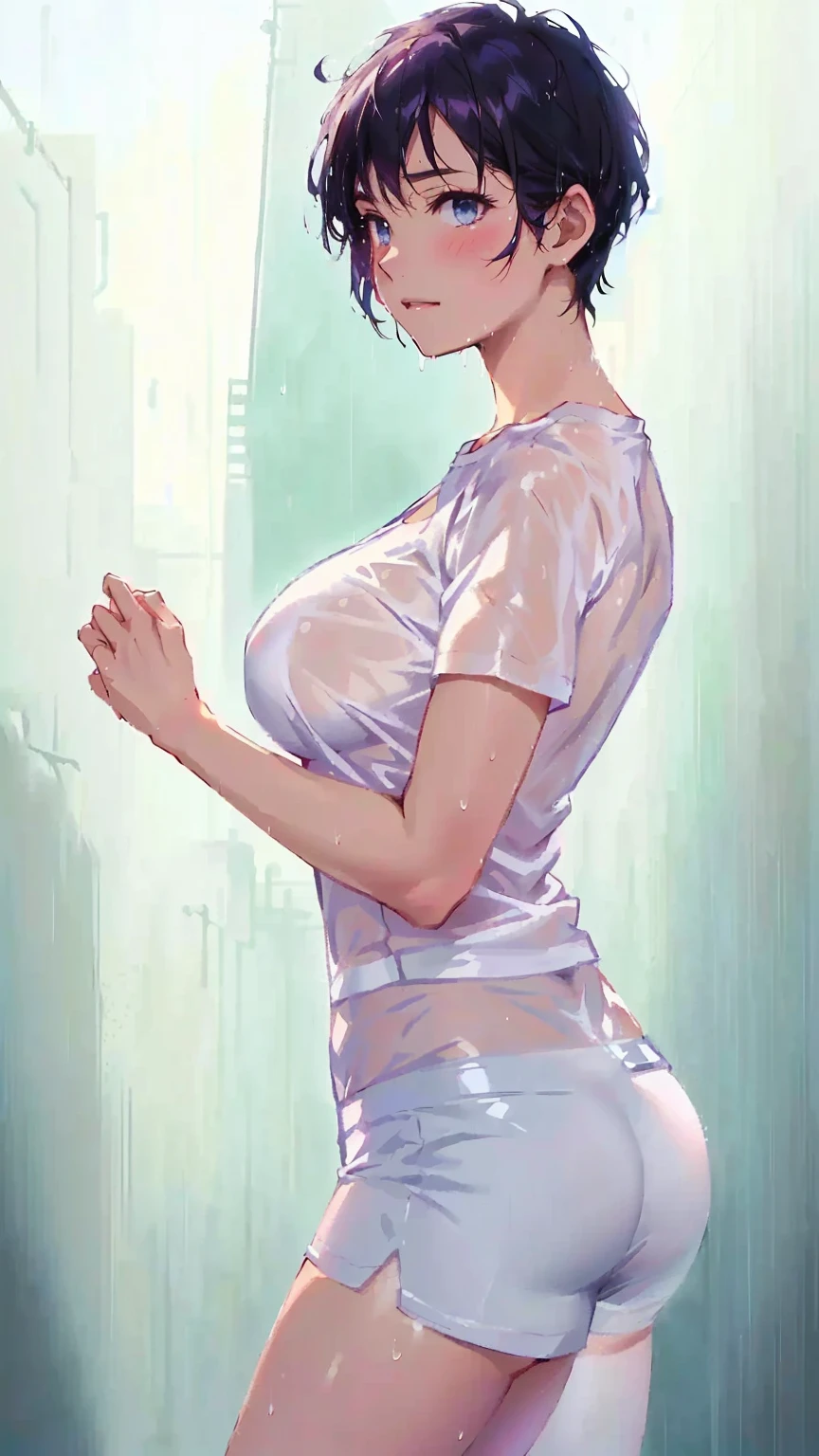 anime girl in wet white shorts and a sheer top in the rain, just after the rain, After the Rain, It rained and I got wet, it&#39;s raining, after the rain, Raindrops, Wet roads, Wet roadss, in the rain, Wet shirt, Wet T-shirt, Wet T-shirt, Gweiz-style artwork, wash off in the rain, Smooth anime CG art