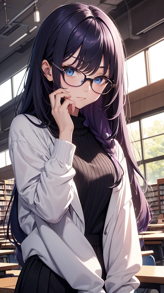 (Top resolution、Distinct_image)top-quality、(A girl) 、masterpiece、highly detailed, half body, Semi-realistic、 ( blue eyes ) 、18year old,
( dark purple hair ) ,young 、Exquisite facial
An expression of shy, Shy girl,
(Wear glasses) ,Facial features ,variation potrait, long hair , age, cool , cold sharp eyes, , {Very detailed 8k CG unit wallpaper}, students, whit oversized shirt ,library background, (black sweater on top)