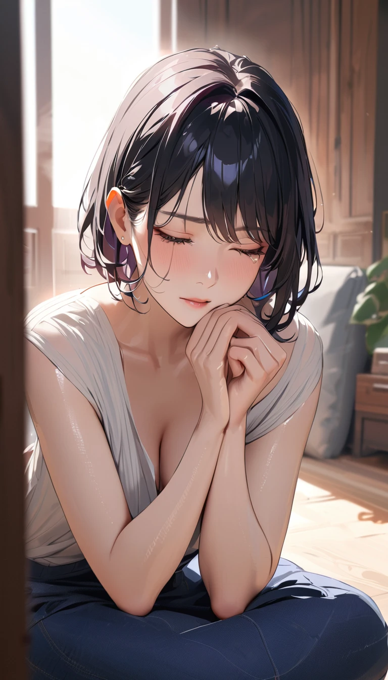 modern, Verism, masterpiece, textured skin, super detail, best quality, 4K,Woman in tears,Mature woman,Black Hair,Slender,Wiping away the tears with my hands