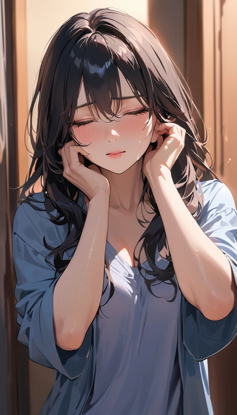 modern, Verism, masterpiece, textured skin, super detail, best quality, 4K,Woman in tears,Mature woman,Black Hair,Slender,Wiping away the tears with my hands