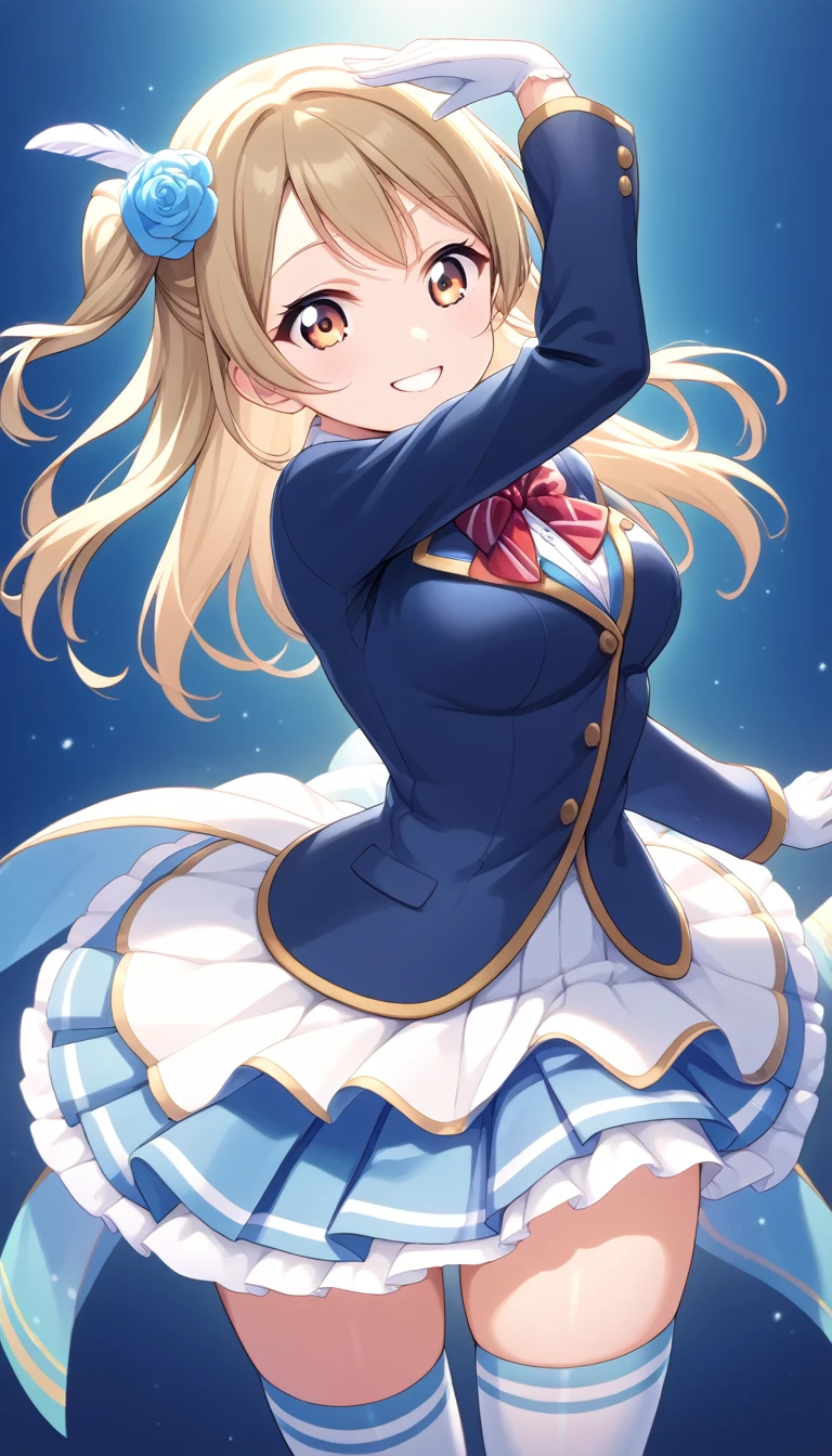 masterpiece, best quality, one side up, feather hair ornament, hair flower, white gloves, legwear, thighhighs,  (1girl), (solo), otonokizaka ,winter uniform, red striped bow tie, navy blue blazer, blue striped pleated skirt,from front, on live stage,dancing ,smile,spot brilliant light,BREAK score_9, score_8_up, score_7_up, score_6_up, source_anime 