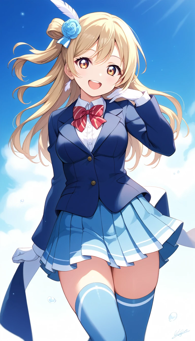 masterpiece, best quality, one side up, feather hair ornament, hair flower, white gloves, legwear, thighhighs,  (1girl), (solo), otonokizaka ,winter uniform, red striped bow tie, navy blue blazer, blue striped pleated skirt,from front, on live stage,dancing ,smile,spot brilliant light,BREAK score_9, score_8_up, score_7_up, score_6_up, source_anime 