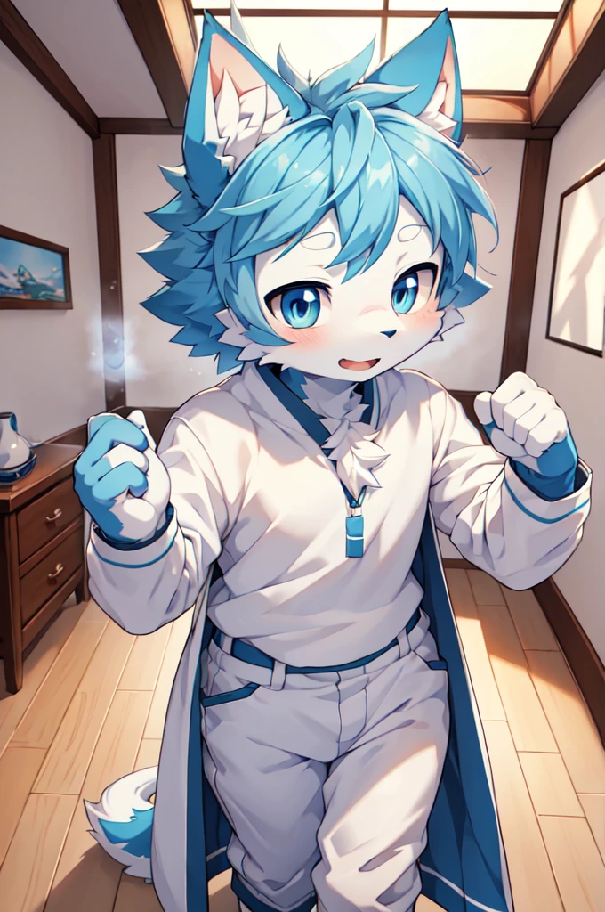 Blue hair,White hair,Blue dragon tail,The end of the tail has white fuzz,hairy,God of Art Super Top Quality, Super detailed, High resolution, Anime cute art style, The best anime, 8k, Kona sauce wallpaper, Pixiv Contest Winners, Perfect anatomical structure, , (Energetic teenager, :1.3), High resolution详细的头发,Iris and pupil are well proportioned,Blue pupils,Blue ears,Single,Light blue coat,White cropped trousers,bedroom