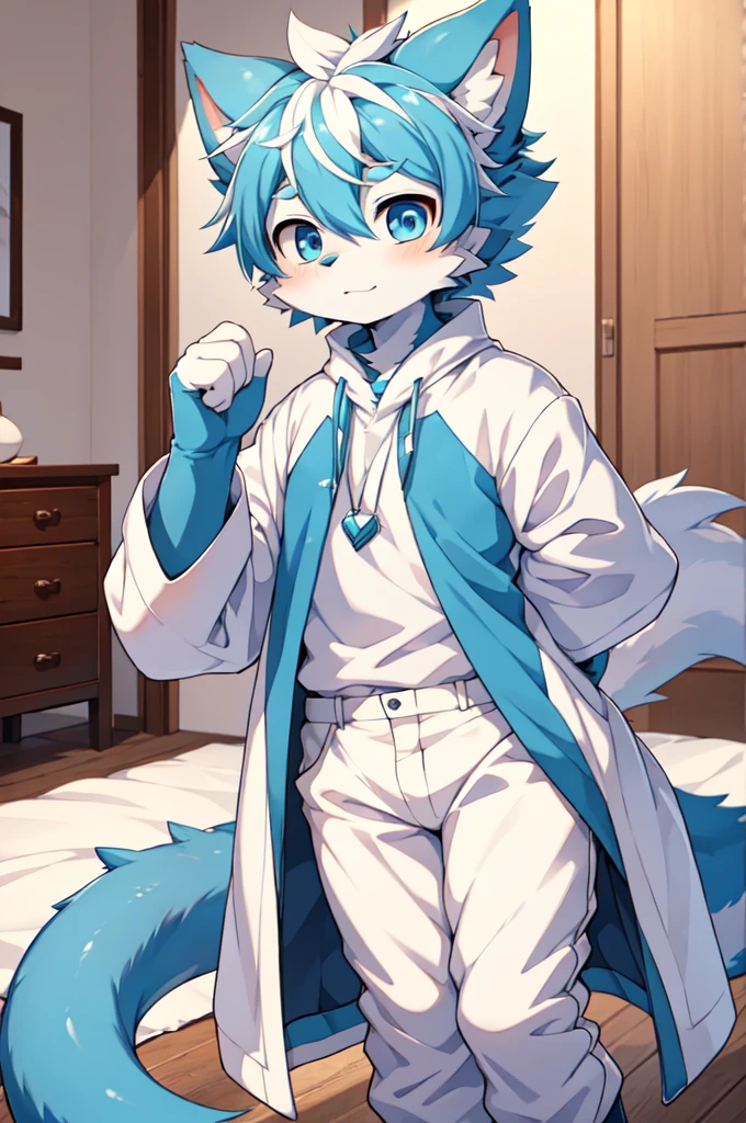 Blue hair,White hair,Blue dragon tail,The end of the tail has white fuzz,hairy,God of Art Super Top Quality, Super detailed, High resolution, Anime cute art style, The best anime, 8k, Kona sauce wallpaper, Pixiv Contest Winners, Perfect anatomical structure, , (Energetic ager, 13 y), High resolution详细的头发,Iris and pupil are well proportioned,Blue pupils,Blue ears,Single,Light blue coat,White cropped trousers,bedroom