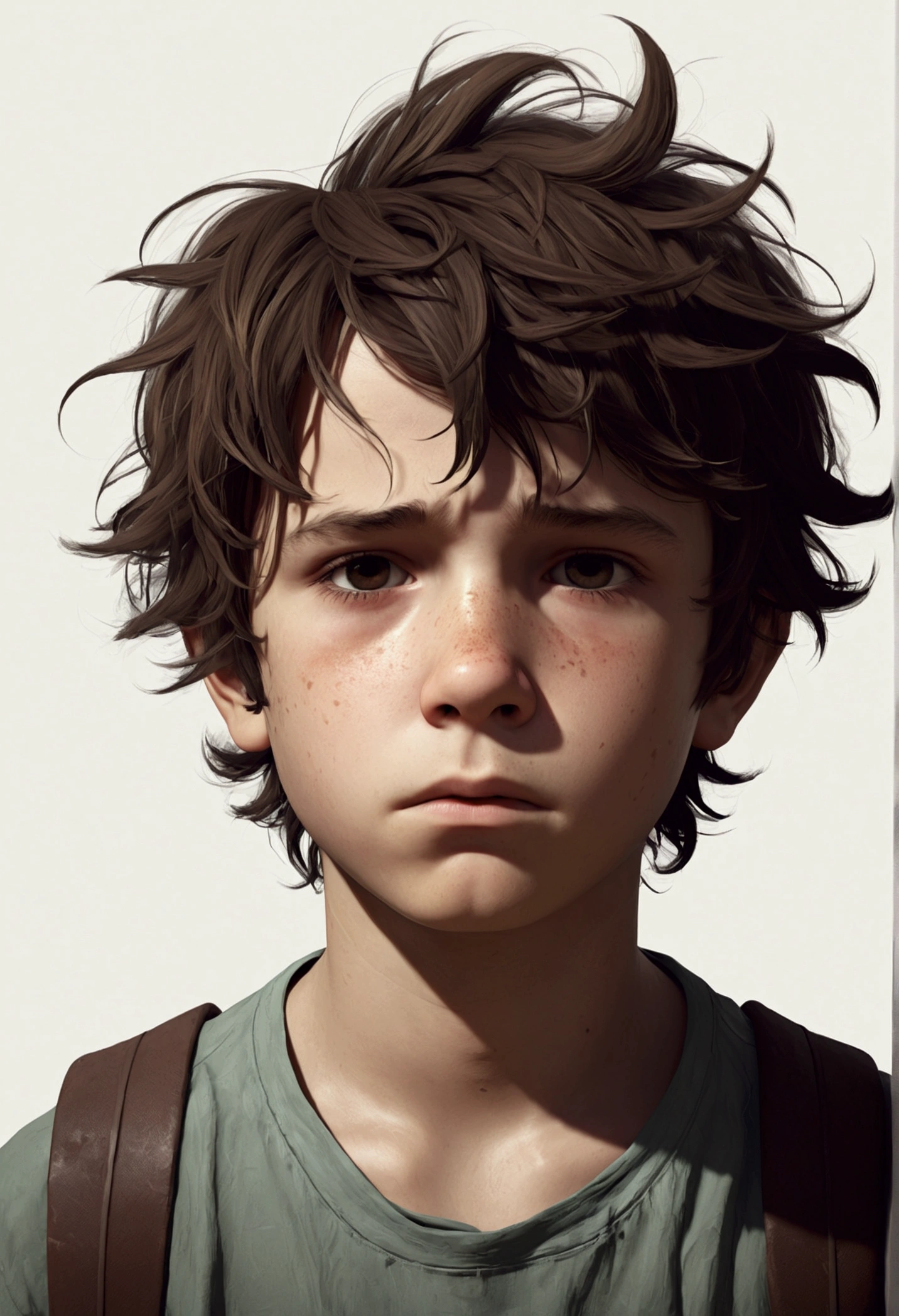 indie game art, simple, minimalist, sad looking young boy, messy hair, a depressed person