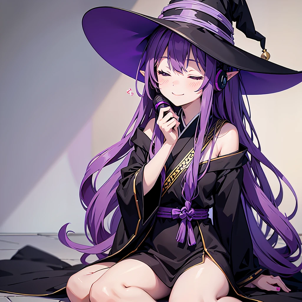 Anime girl with long purple hair and black robe. Pointy ears. Cute as a cartoon. Sitting with eyes closed with a happy face. Headphones. Witch hat on the ground.