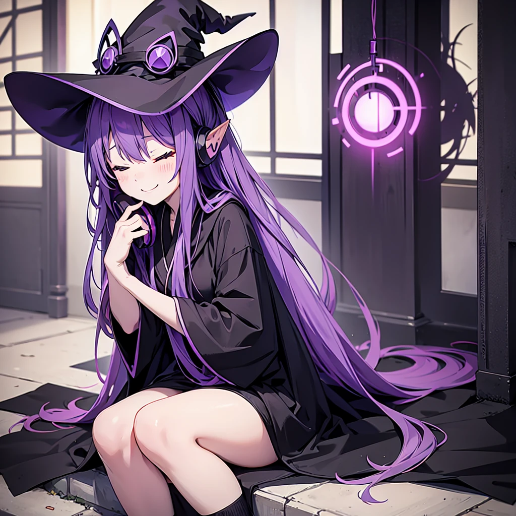 Anime girl with long purple hair and black robe. Pointy ears. Cute as a cartoon. Sitting with eyes closed with a happy face. Headphones. Witch hat on the ground.