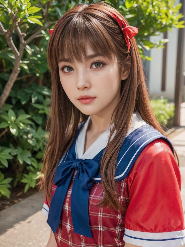 Kasumi, brown eyes, (best quality, ultra-detailed), (realistic:1.37), beautiful and detailed face, ultra-realistic texture, delicate face, delicate body, red lipstick, bright colors. High definition, 8K.
