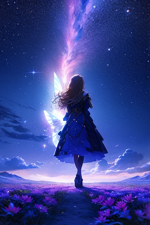 1people々々々々々々々々々々,Blonde long-haired woman,Fairy, Dress Silhouette, Rear View,Space Sky, ice World,Colorful flowers,shooting star々,