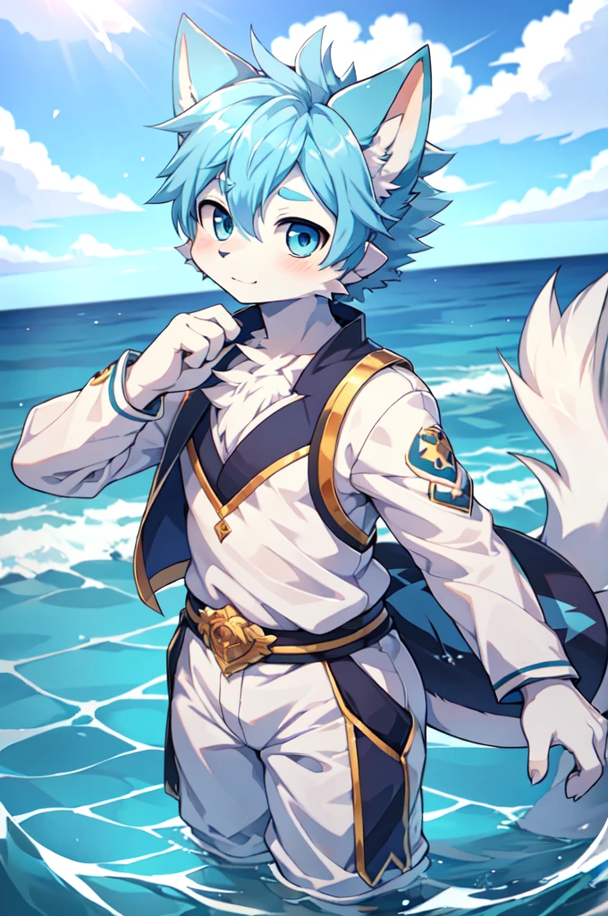 Blue hair,White hair,Blue dragon tail,The end of the tail has white fuzz,hairy,God of Art Super Top Quality, Super detailed, High resolution, Anime cute art style, The best anime, 8k, Kona sauce wallpaper, Pixiv Contest Winners, Perfect anatomical structure, , (Energetic teenager, :1.3), High resolution详细的头发,Iris and pupil are well proportioned,Blue pupils,Blue ears,Single,Light blue coat,White cropped trousers,seaside,partially underwater shot