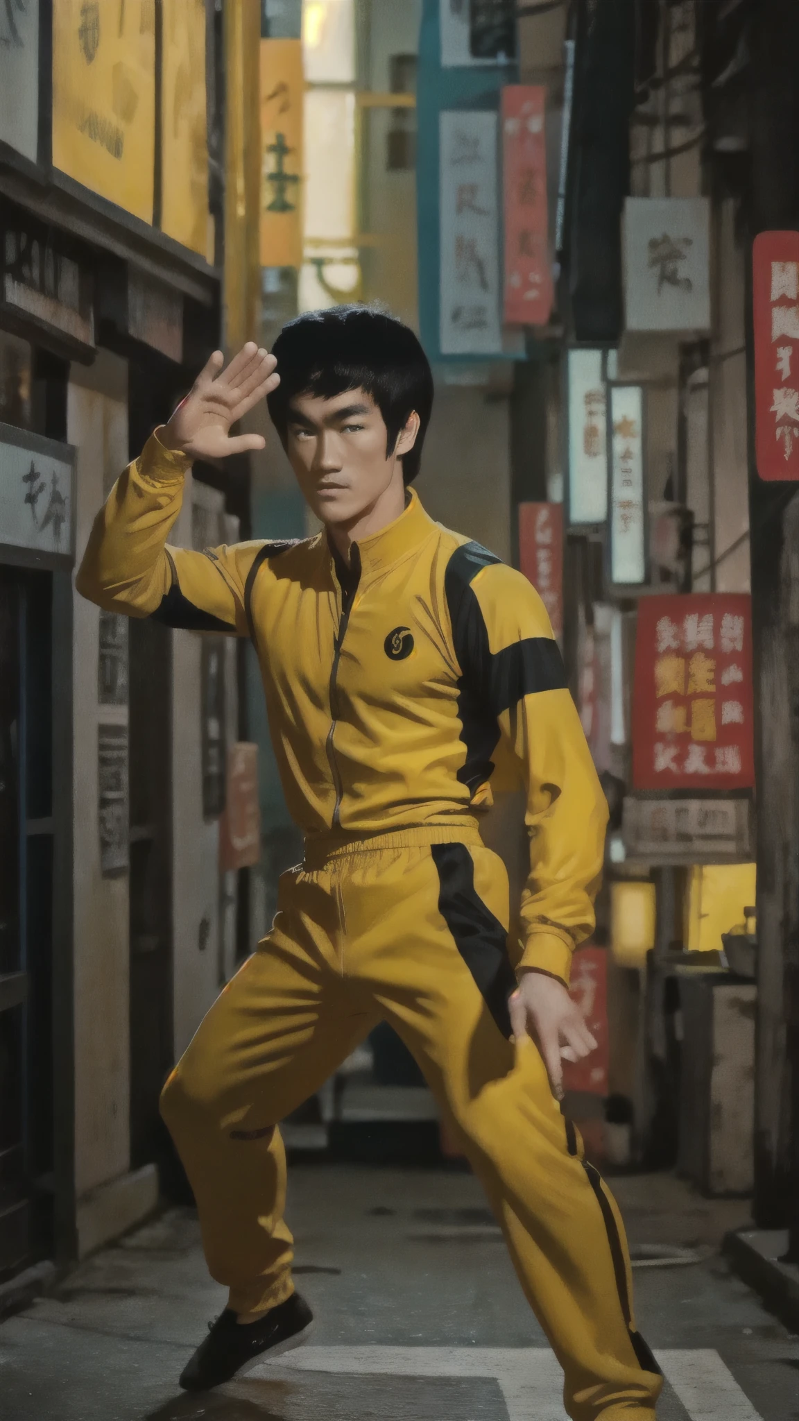 Bruce Lee wears a yellow tracksuit、Hong Kong backstreet background at night、Face the enemy、