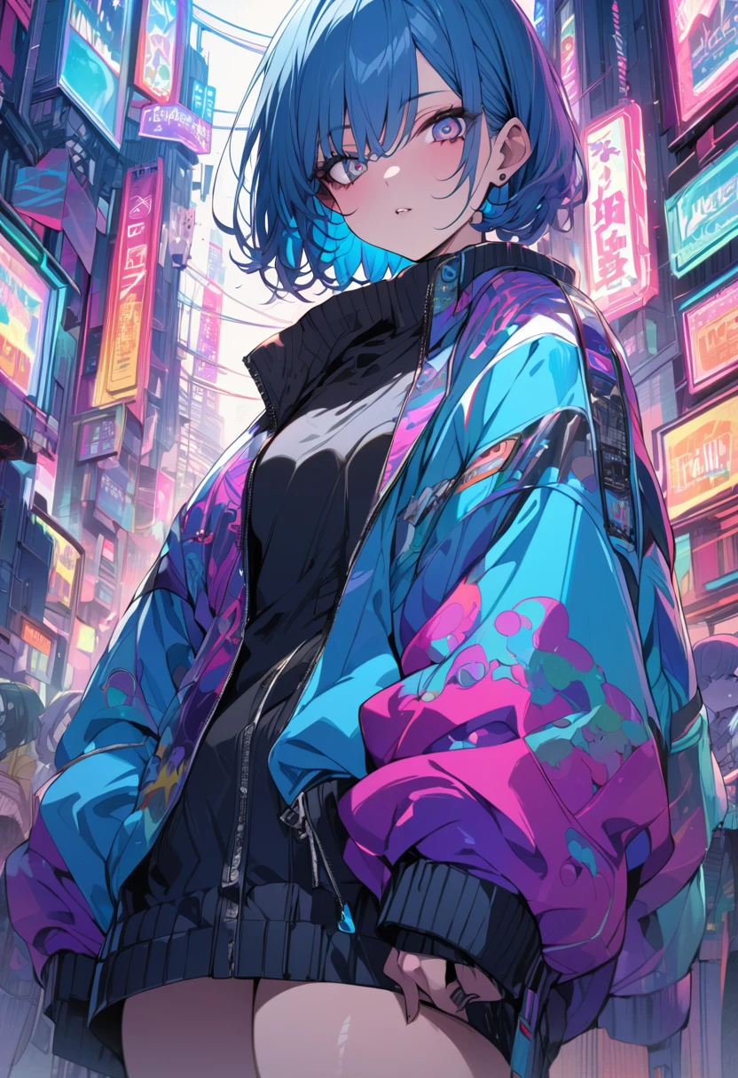 (masterpiece,detailed,High resolution:1.4) , Model shoot, close, detailed face, fine detailed eyes,, (kirishima touka),Blue middle hair,ghoul eyes,Retro Jacket,Tokyo Ghoul,Retrofuturism background, Vibrant colors, High resolution,, ,