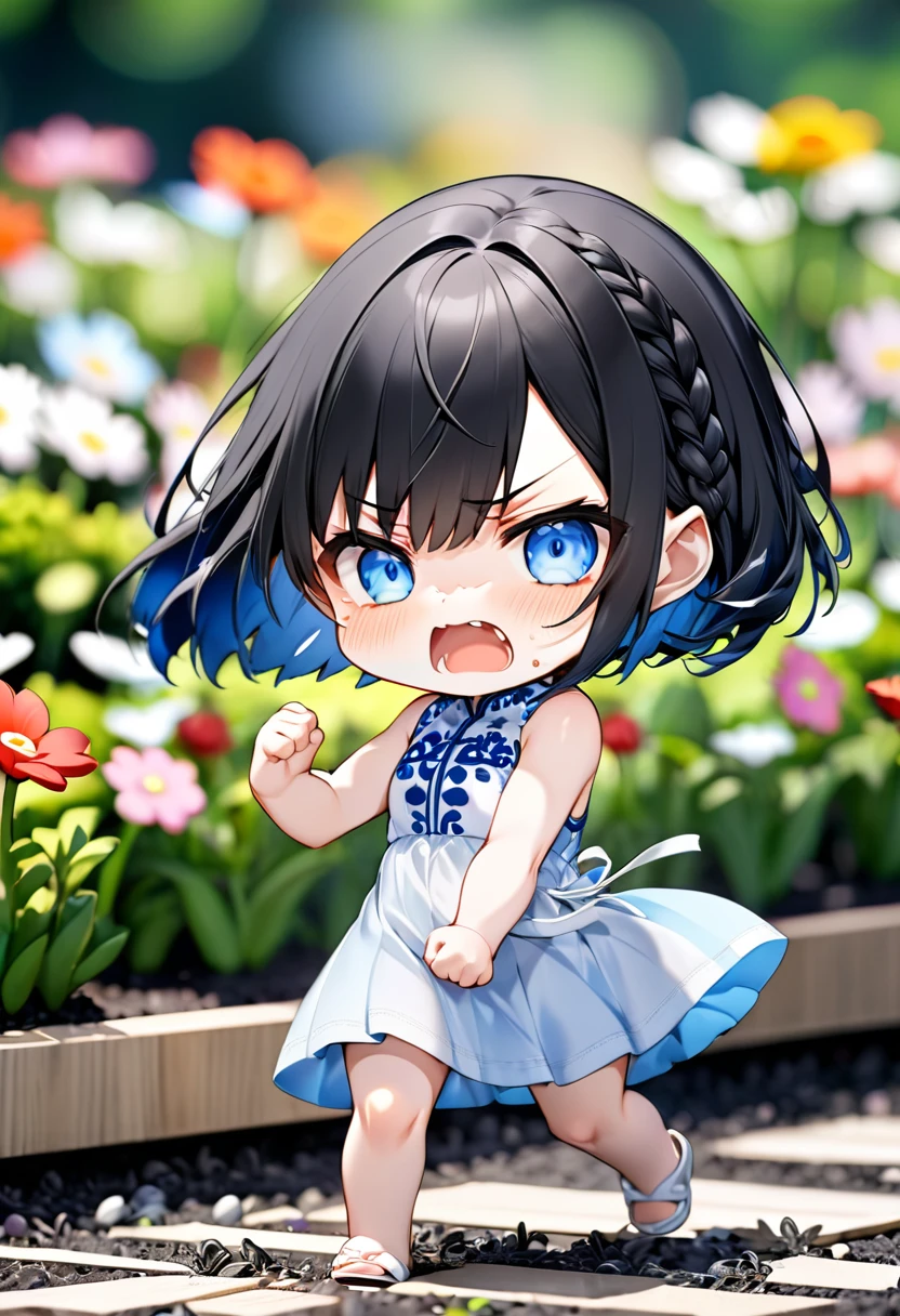 Highest quality、High resolution、Detailed Background、Beautiful face in every detail、Anatomically correct、Detailed facial expressions、fine grain、((From the side))、((One Girl))、Chibi Girl、 Black Hair、beautiful clear big blue eyes、Braided Bob、Sleeveless dress、The background is a flower bed、Very angry、Hit with bare hands、 (Motion Blur:1.5), (Blurred hands:1.5) 、