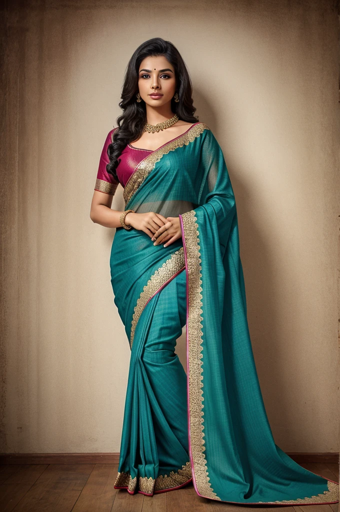 Create an realistic image of a beautiful women in saree having perfect body. She should be exposing her toned belly. Her navel should be vertically long and deep.