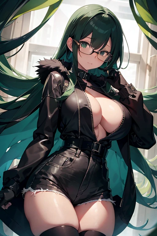 Garota delicious, long green hair, skin black, linda, very beautiful, muito delicious, very big big breasts, delicious, sexly, muito sexly, hentai ahegao, giant black coat, short black denim shorts, glasses, big black gloves, delicious, complete body.