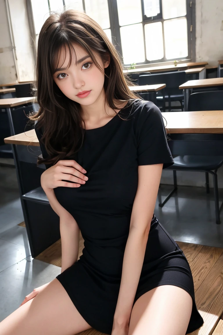 femme brunette de 18 ans sexy et mince , black short sleeve dress, salle de classe, se touche,position sey,sensuel,short en jean,