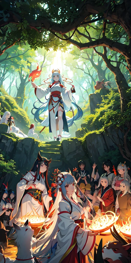 "Anime style illustration of the Ama-no-Iwato legend, with Amaterasu emerging from the cave. The scene is set in a lush forest with other gods and goddesses gathered around, celebrating as sunlight bursts forth, illuminating the surroundings."
