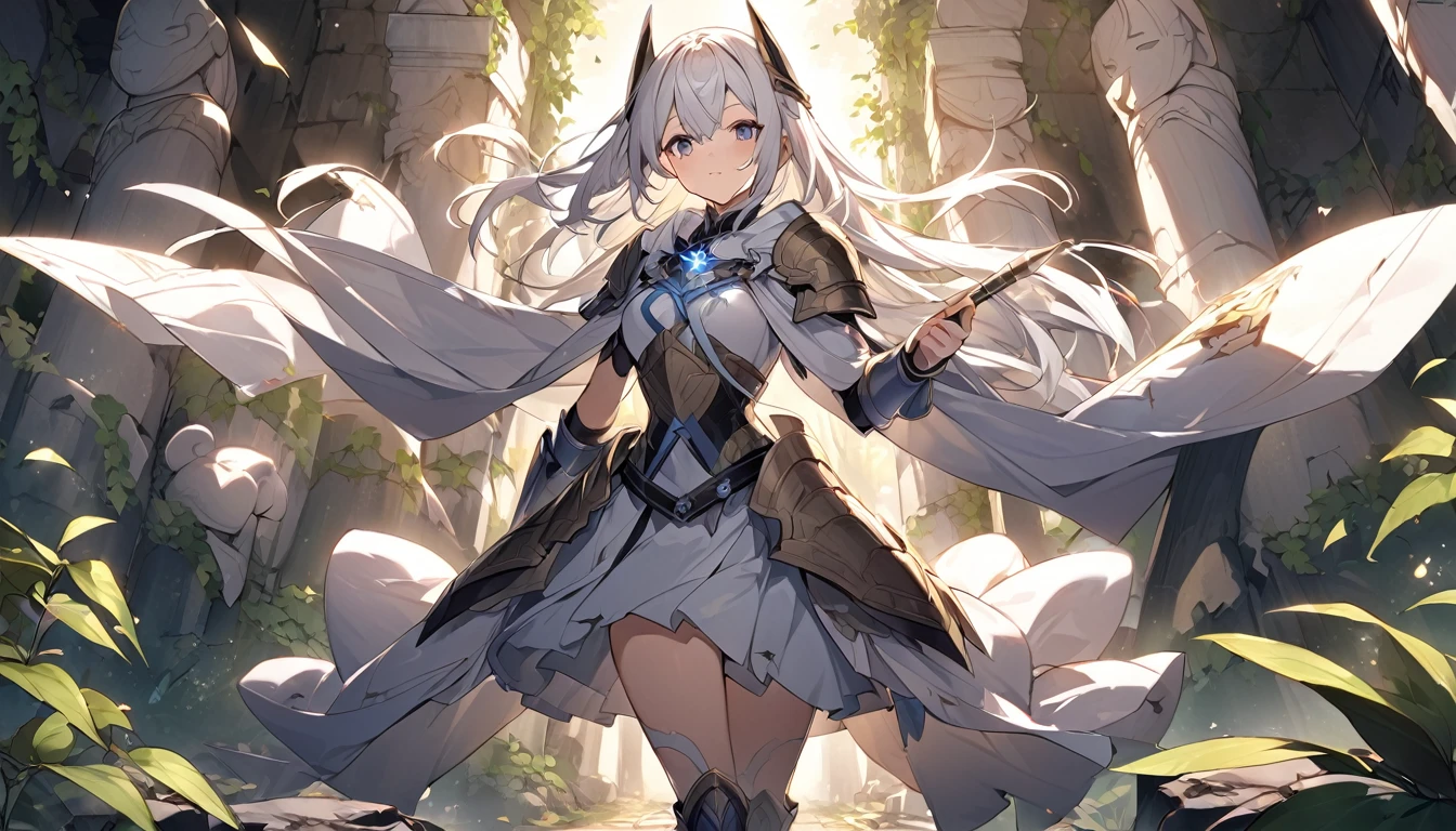 mysterious。White Hair Girl。詳細なbackground:Ancient warriors:
background:Ancient ruins、Collapsed stone statues and pillars covered in ivy。
White Hair Girl:Ancient warriors風の衣装、A combination of armor and cloth。I have a magic wand in my hand。
effect:Magical light emanating from the wand、Ancient characters carved into the ruins' walls shine。