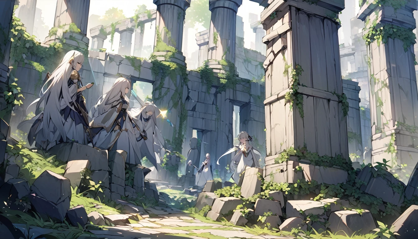mysterious。White Hair Girl。詳細なbackground：Ancient warriors:

background：Ancient ruins、Collapsed stone statues and pillars covered in ivy。
White Hair Girl：Ancient warriors風の衣装、A combination of armor and cloth。I have a magic wand in my hand。
effect：Magical light emanating from the wand、Ancient characters carved into the ruins&#39; walls shine。