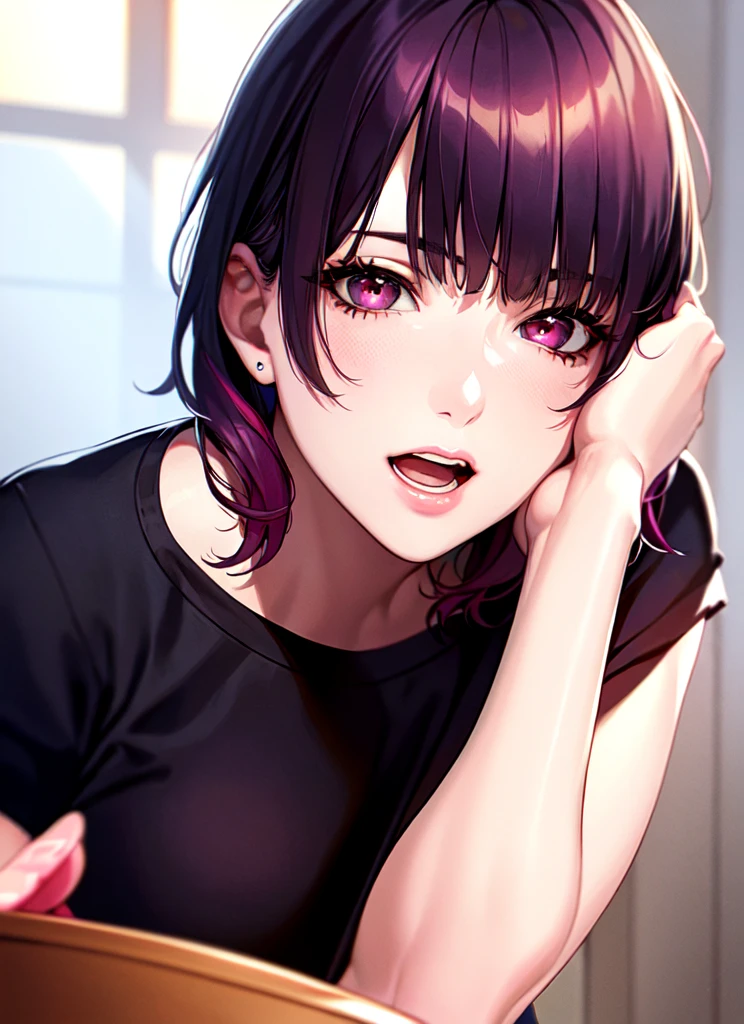 {{Kana Arima:1.9}}, {oshinoko}, (8k), ((Best Quality)), (Ultra-Detailed), High Resolution, Extremely Details CG, ((Photorealistic:1.2)), official art, by famous artist, perfect hands, perfect anatomy, super detailed skin, Beautifully Detailed Eyes, Beautifully Detailed Skin, Beautifully Detailed Hand, Beautifully Detailed Fingers, Beautifully Detailed Lip, Shiny Skin, Shiny Skin, Glossy Skin, PUPILS SPARKLING, Moody Lighting, Film Reflection, Deep Rendering, beautiful countenance, 1 girl in, 独奏, 25 years old, pink-red-purple hair, (bowl cut hair:1.2), ((Big, round eyes)), A bright and lively girl, open mouth, red-black eyes, room, night, Black T-shirt, Blue Skirt, full body,