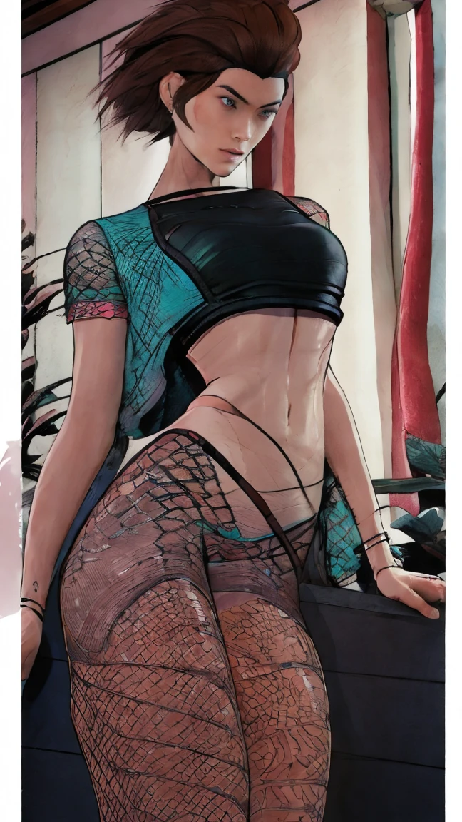 One Solo Lean Asian Men, Only Men, Biological Male, dark ash brown cool tone, nude, sheer mesh t-shirt top, mesh micro thong bikini, ash grey dark hair, curtain hairstyle, pink undertone skin, he showing off his body, full body portrait from head to feet, comic artstyle 2D