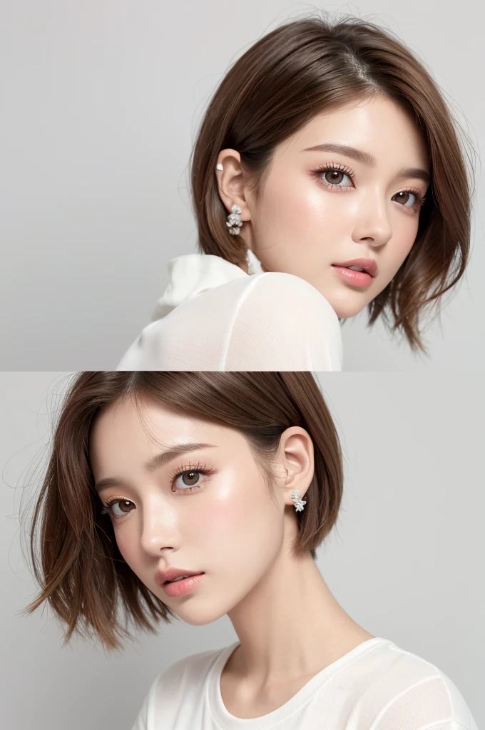 (Highest quality、Tabletop、8k、Best image quality、Award-winning works)、((profile:1.4))、ear、((short hair:1.46)),(Brown Hair)、(White casual clothes:1.2)、(The simplest pure white background:1.3)、(Perfectly fixed in front:1.1),(Portrait with Space:1.2)、Beautiful and exquisite、Perfect Makeup、Ultra-high definition beauty face、Ultra HD Hair、Ultra HD Shining Eyes、Super high quality glossy lip、Accurate anatomy、Very beautiful skin、(Pure white skin shining in ultra-high resolution:1.1)、(Very bright:1.2),Big Natural Color Lip、Lip gloss,Harajuku、cute、cute美人