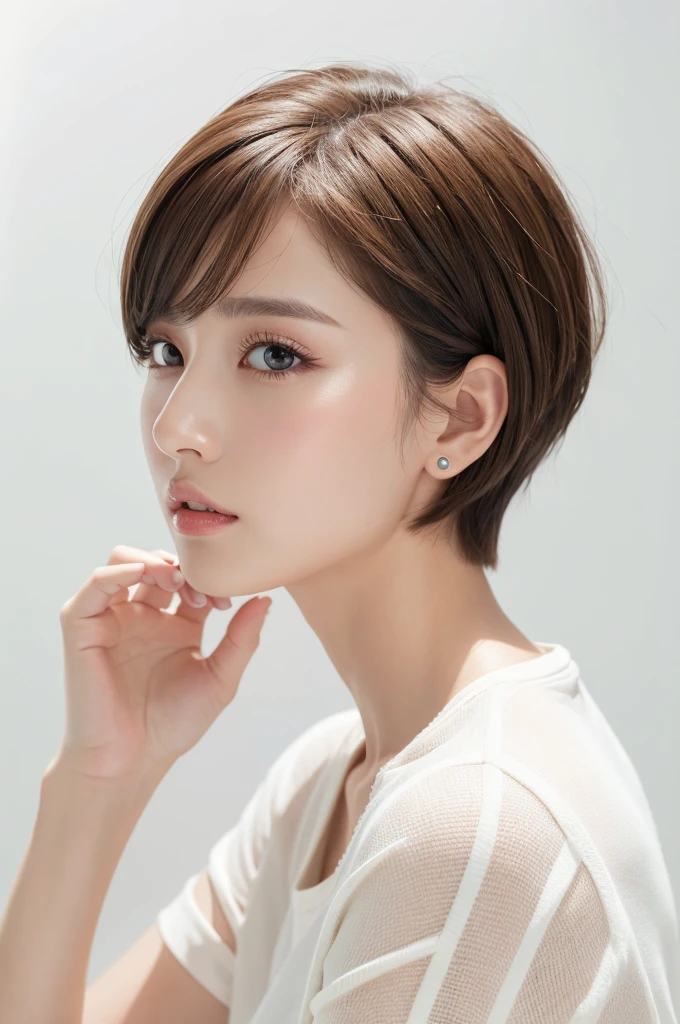 (Highest quality、Tabletop、8k、Best image quality、Award-winning works)、((profile:1.4))、ear、((short hair:1.46)),(Brown Hair)、(White casual clothes:1.2)、(The simplest pure white background:1.3)、(Perfectly fixed in front:1.1),(Portrait with Space:1.2)、Beautiful and exquisite、Perfect Makeup、Ultra-high definition beauty face、Ultra HD Hair、Ultra HD Shining Eyes、Super high quality glossy lip、Accurate anatomy、Very beautiful skin、(Pure white skin shining in ultra-high resolution:1.1)、(Very bright:1.2),Big Natural Color Lip、Lip gloss,Harajuku、cute、cute美人
