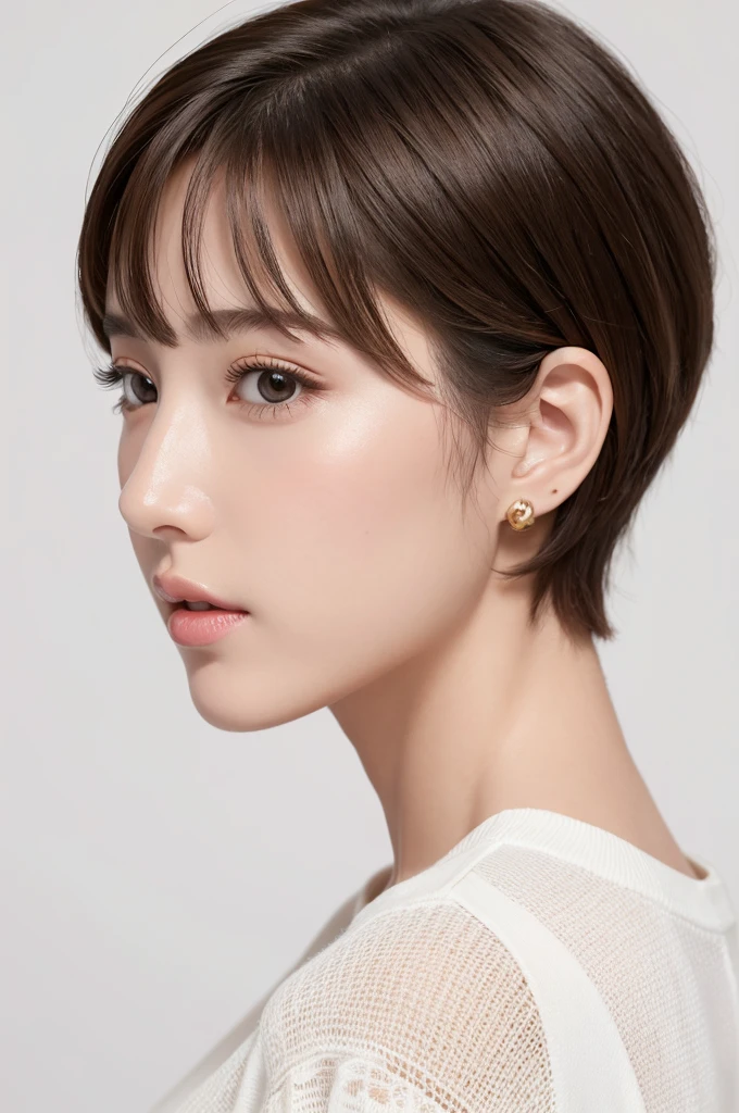 (Highest quality、Tabletop、8k、Best image quality、Award-winning works)、((profile:1.4))、ear、((short hair:1.46)),(Brown Hair)、(White casual clothes:1.2)、(The simplest pure white background:1.3)、(Perfectly fixed in front:1.1),(Portrait with Space:1.2)、Beautiful and exquisite、Perfect Makeup、Ultra-high definition beauty face、Ultra HD Hair、Ultra HD Shining Eyes、Super high quality glossy lip、Accurate anatomy、Very beautiful skin、(Pure white skin shining in ultra-high resolution:1.1)、(Very bright:1.2),Big Natural Color Lip、Lip gloss,Harajuku、cute、cute美人