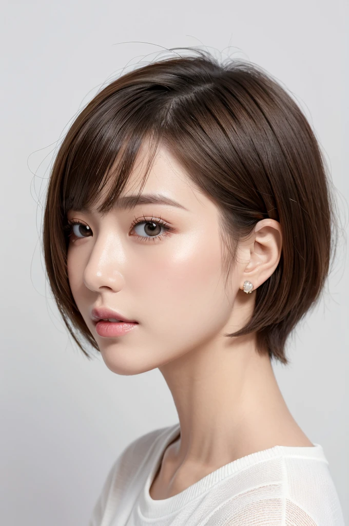 (Highest quality、Tabletop、8k、Best image quality、Award-winning works)、((profile:1.4))、ear、((short hair:1.46)),(Brown Hair)、(White casual clothes:1.2)、(The simplest pure white background:1.3)、(Perfectly fixed in front:1.1),(Portrait with Space:1.2)、Beautiful and exquisite、Perfect Makeup、Ultra-high definition beauty face、Ultra HD Hair、Ultra HD Shining Eyes、Super high quality glossy lip、Accurate anatomy、Very beautiful skin、(Pure white skin shining in ultra-high resolution:1.1)、(Very bright:1.2),Big Natural Color Lip、Lip gloss,Harajuku、cute、cute美人